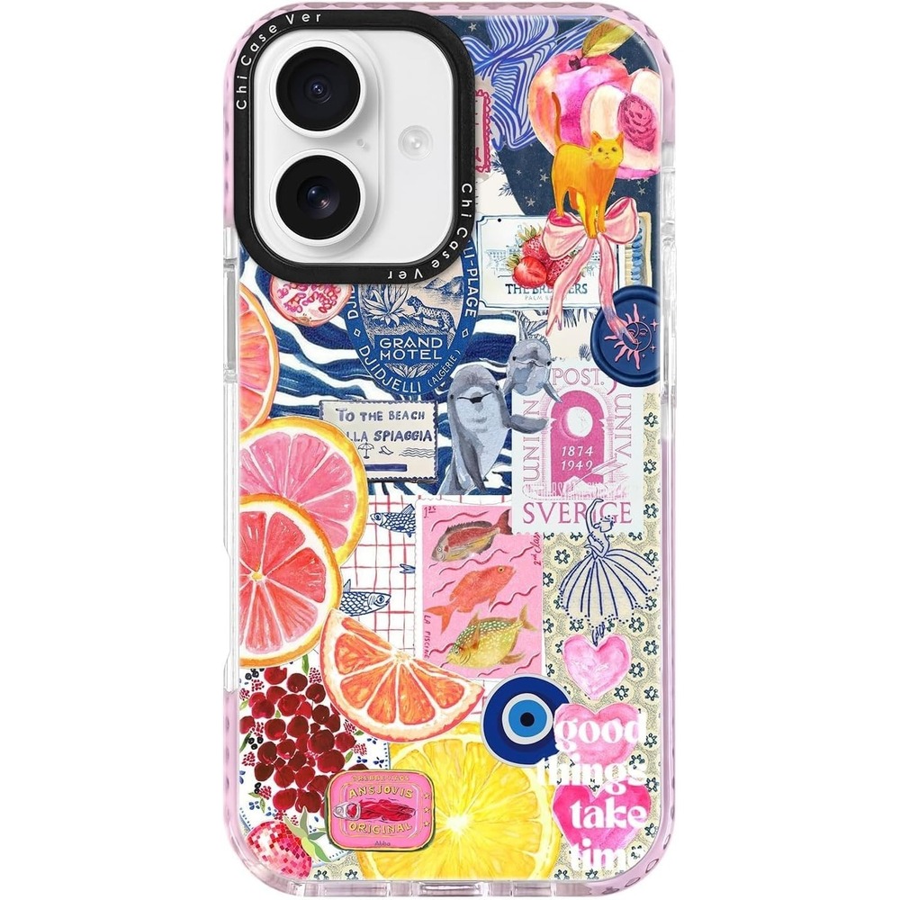 iPhone 16 Plus Case,Expressive Y2K Citrus Coastal Sea Vintage Collage Design